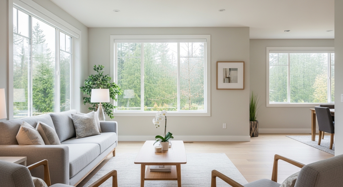 A bright, professionally staged living room in Vancouver, showcasing the benefits of decluttering.