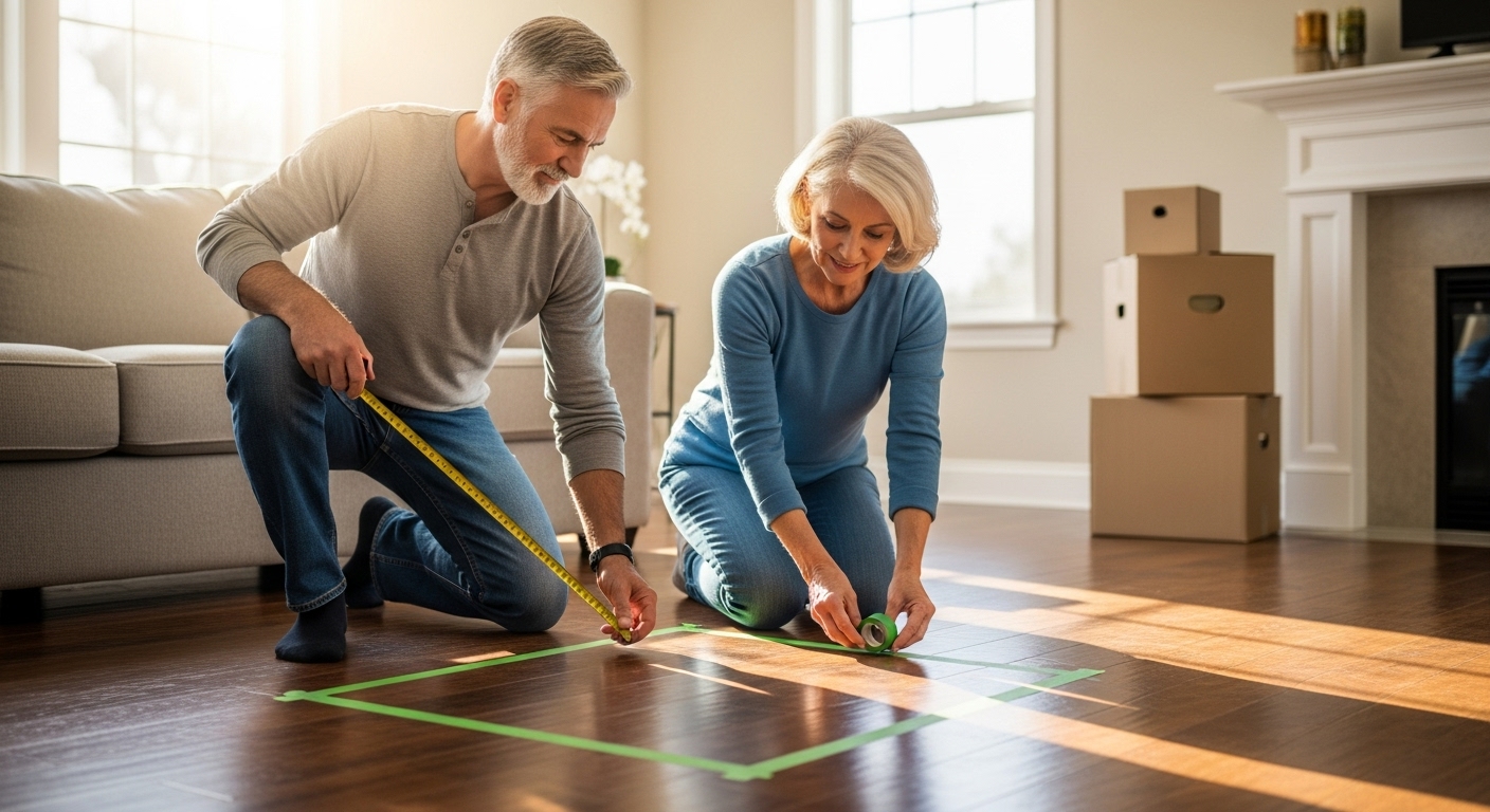 Person planning a condo downsize by measuring furniture and floor plans
