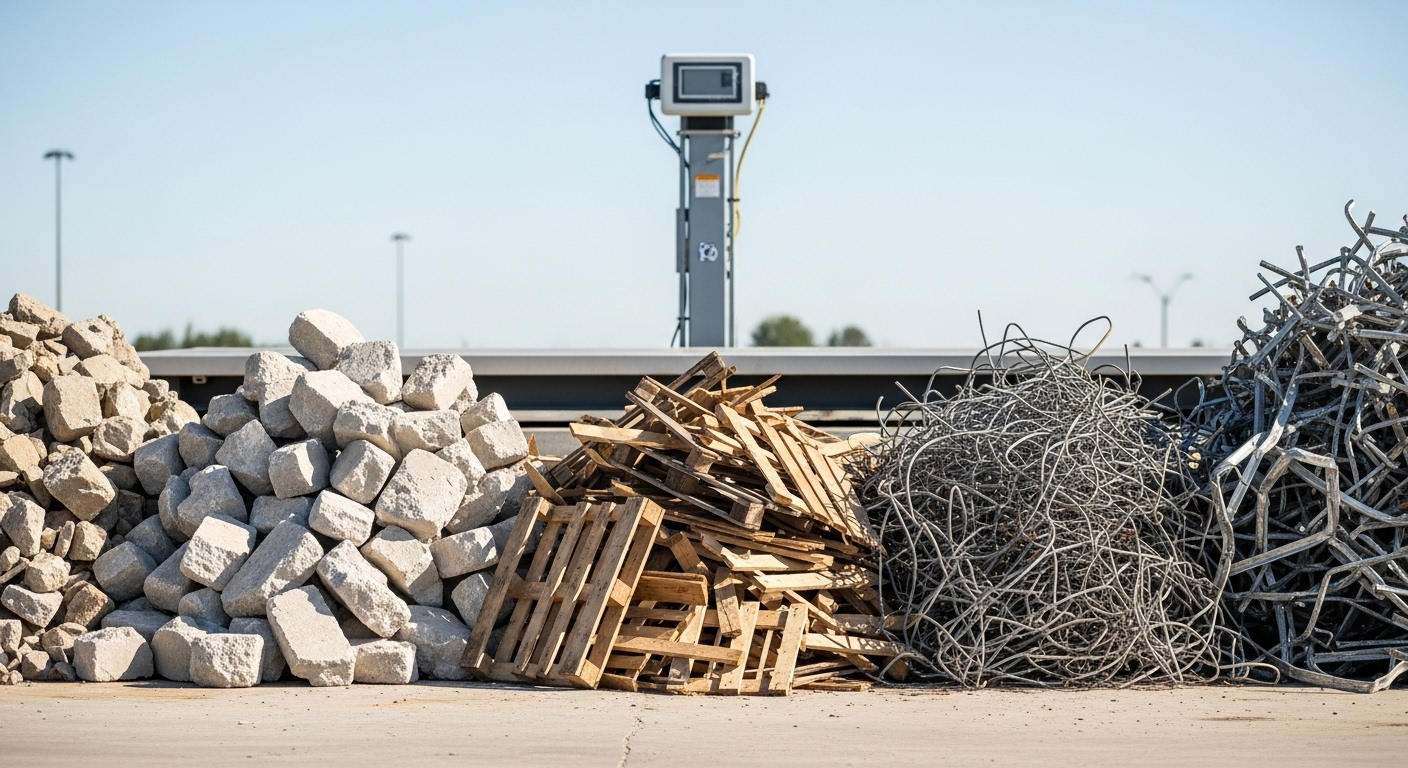 Construction waste being segregated into different bins for recycling.