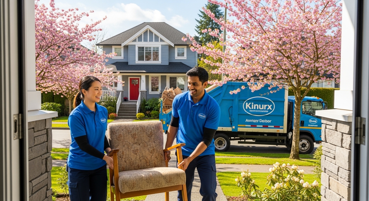 Two professional junk removal workers in uniform loading a truck in Vancouver