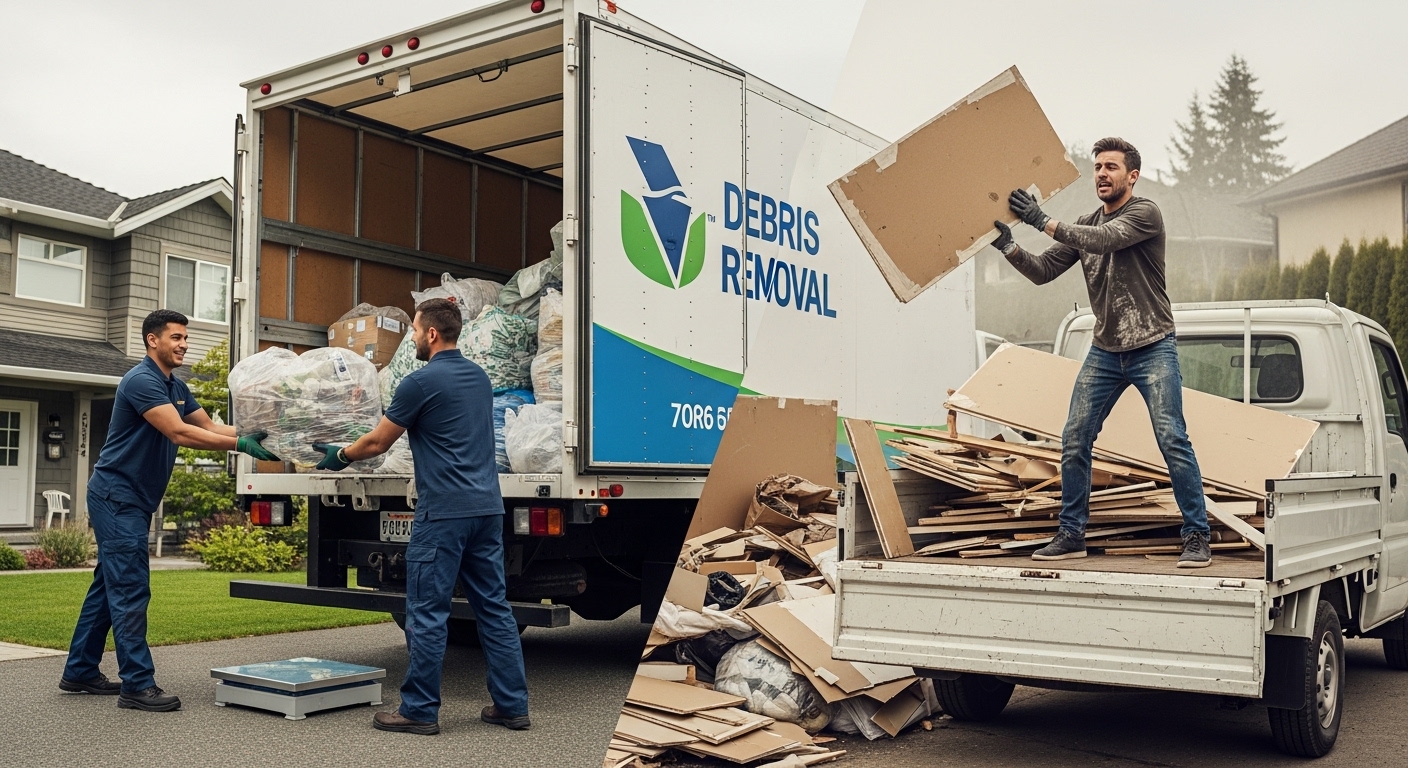 Side-by-side comparison of a professional junk removal truck and a DIY pickup truck for debris removal in Vancouver.