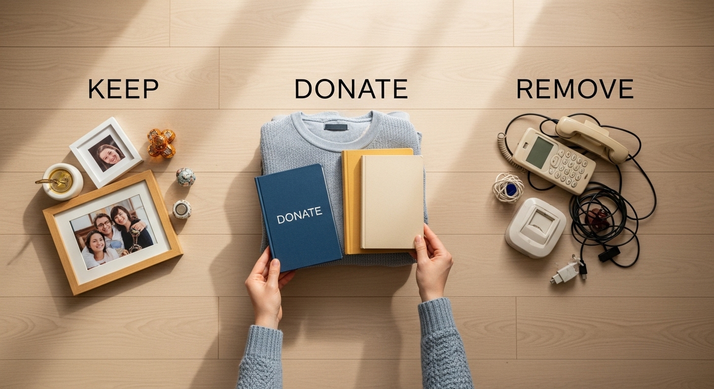 Person sorting household items into three piles: donation, keep, and remove
