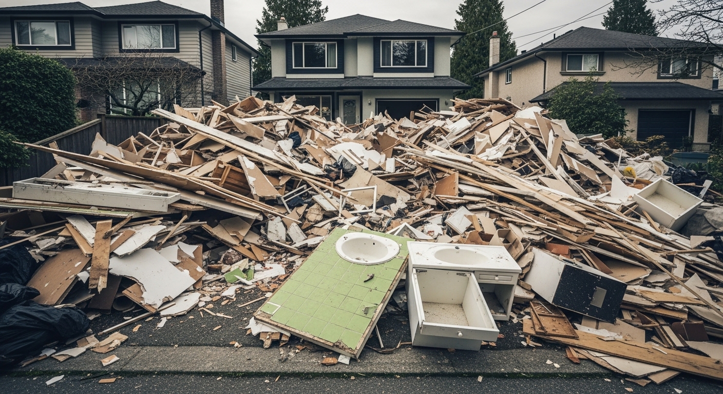 Large pile of home renovation debris on a driveway in Vancouver.