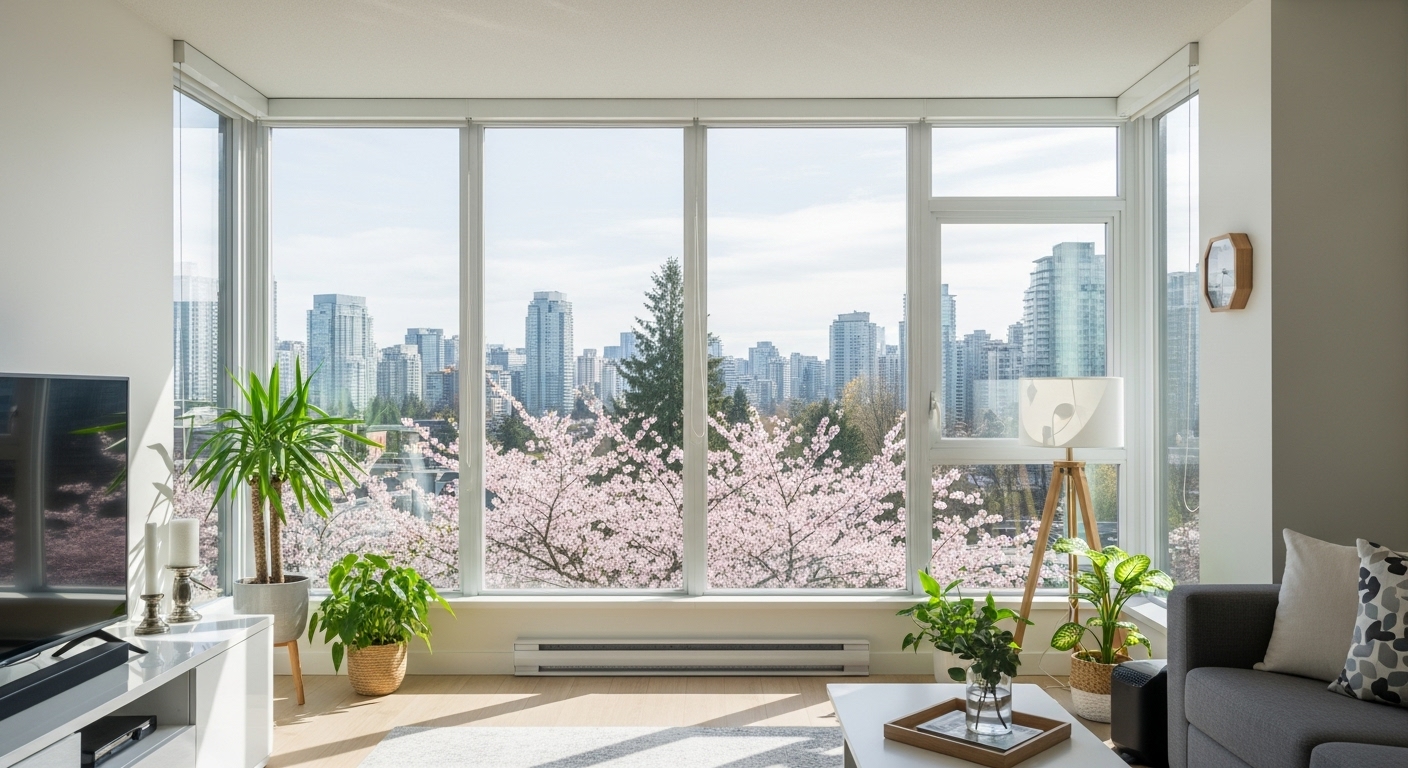 Scenic view of Vancouver city and mountains from a clean home
