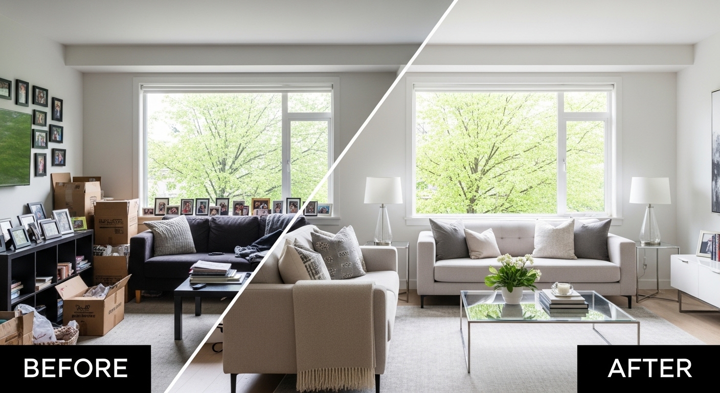 Before and after photo of a staged living room in Vancouver.