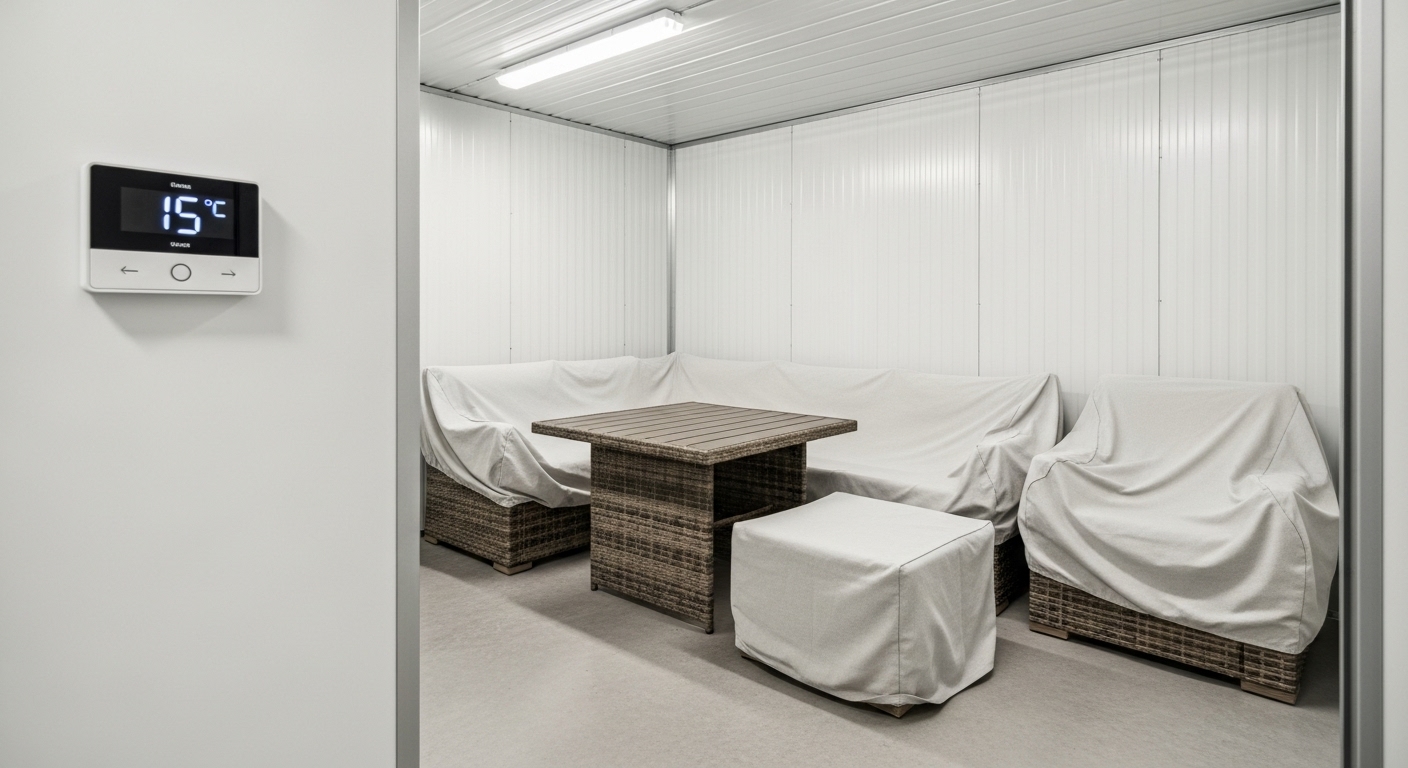 Outdoor furniture protected in a climate-controlled storage unit