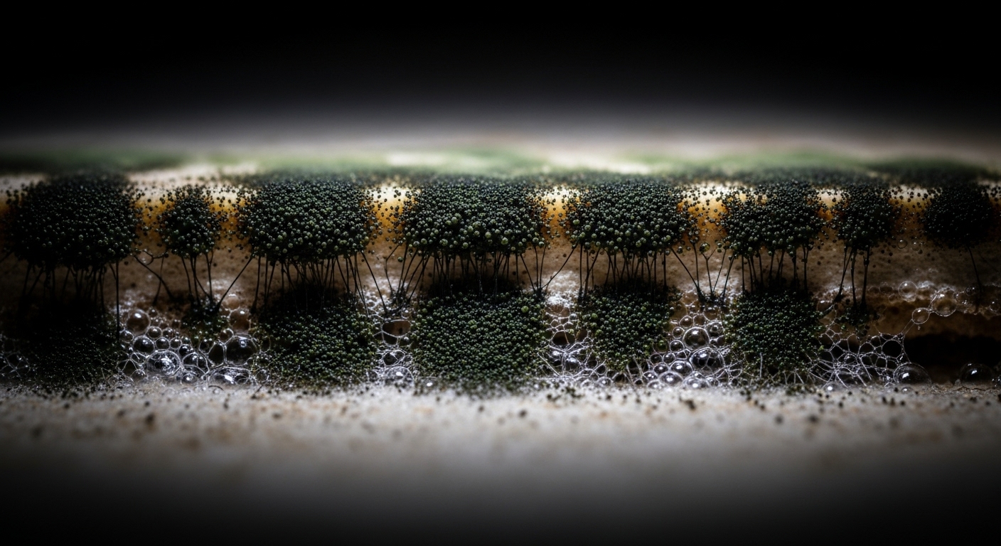 Close-up of black mold growing on wet drywall after a flood.