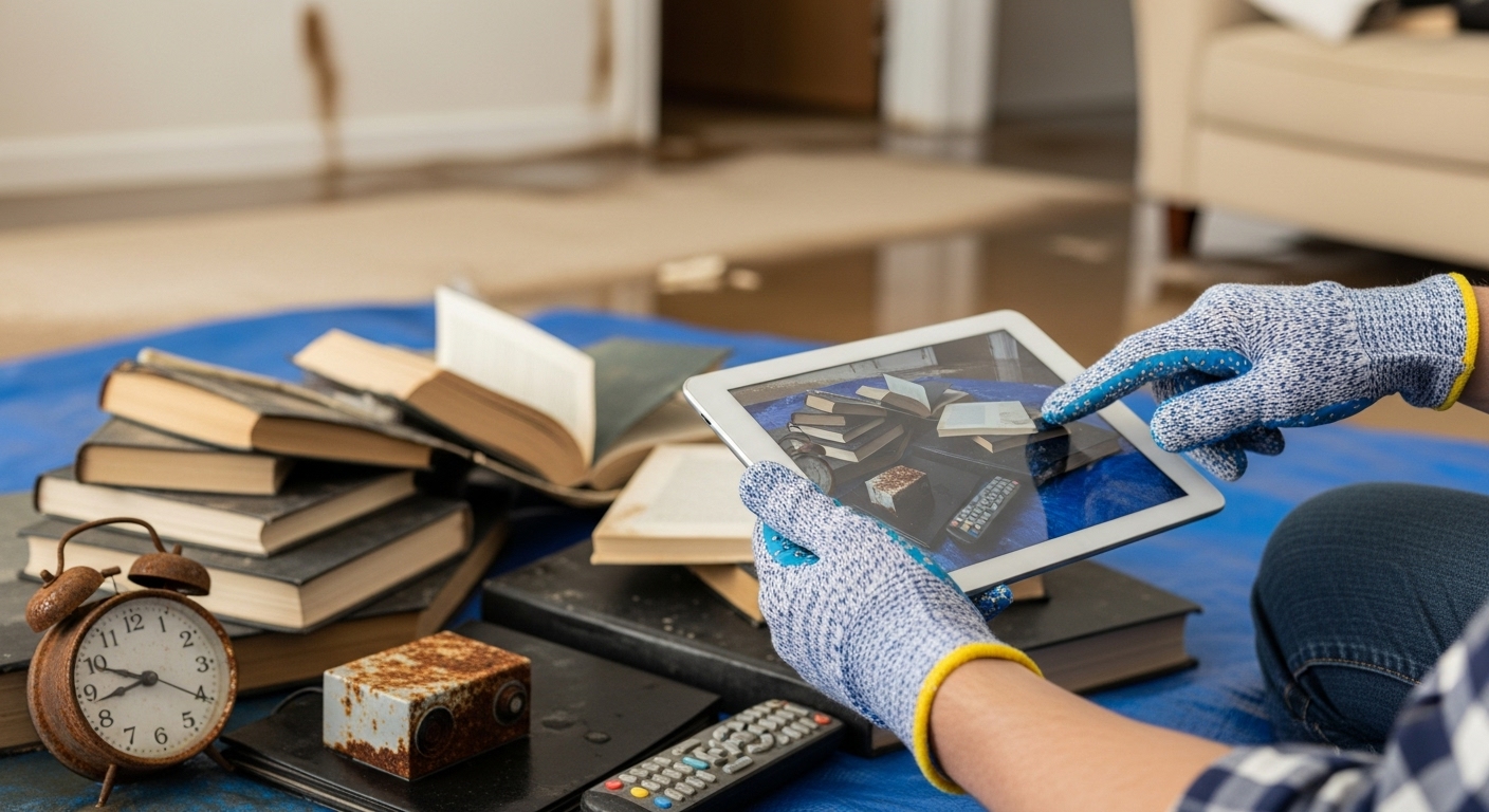 Homeowner documenting flood-damaged items with a camera for an insurance claim.