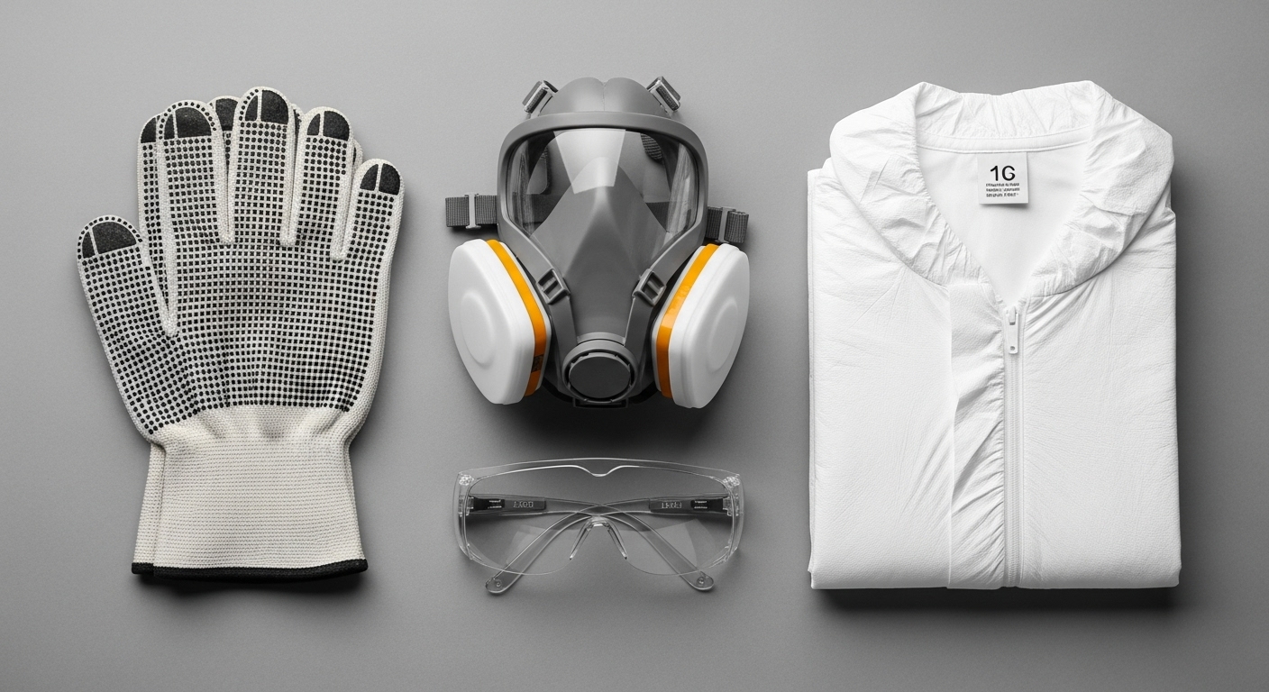 Cleanup crew wearing full safety PPE gear including respirators and suits for a hoarding situation.