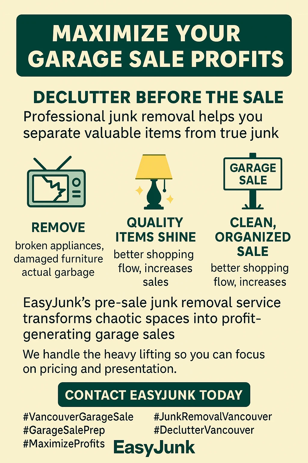 Infographic showing the benefits of junk removal for a garage sale in Vancouver.