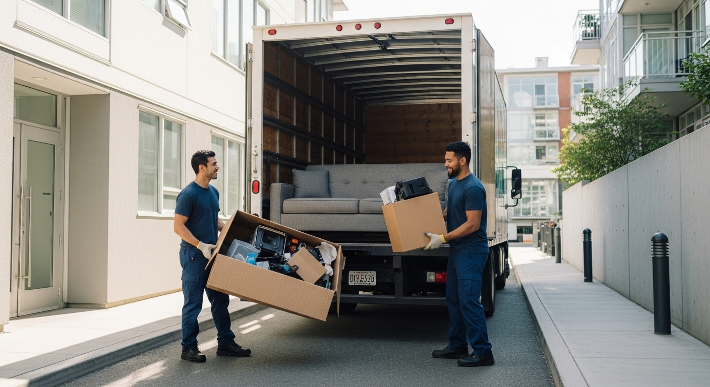 Junk removal service team carrying a couch out of a Vancouver apartment.