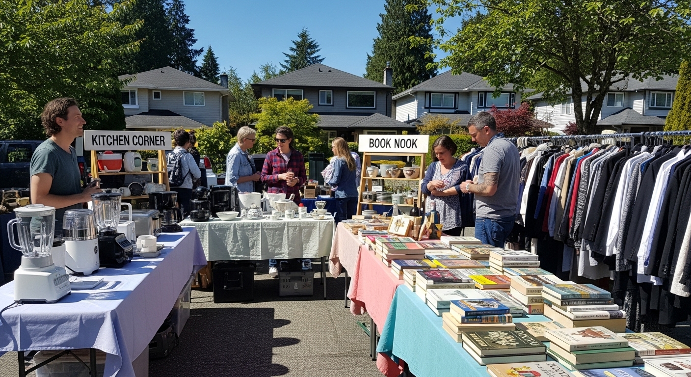 An organized Vancouver garage sale with items neatly displayed on tables.