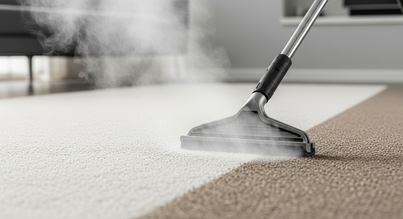 Professional using a steam cleaner on an apartment carpet in Vancouver.