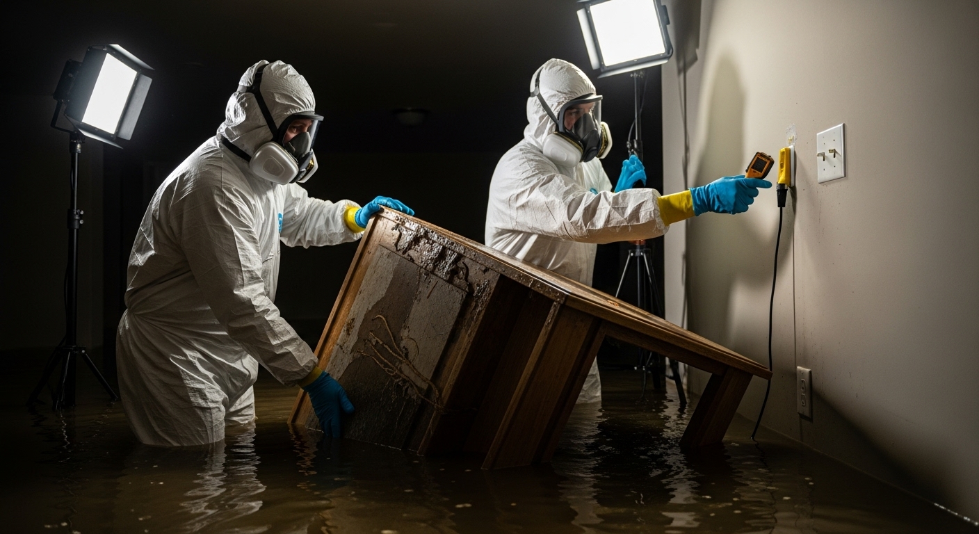 Professional flood cleanup crew in full hazmat suits removing contaminated items from a water-damaged home.