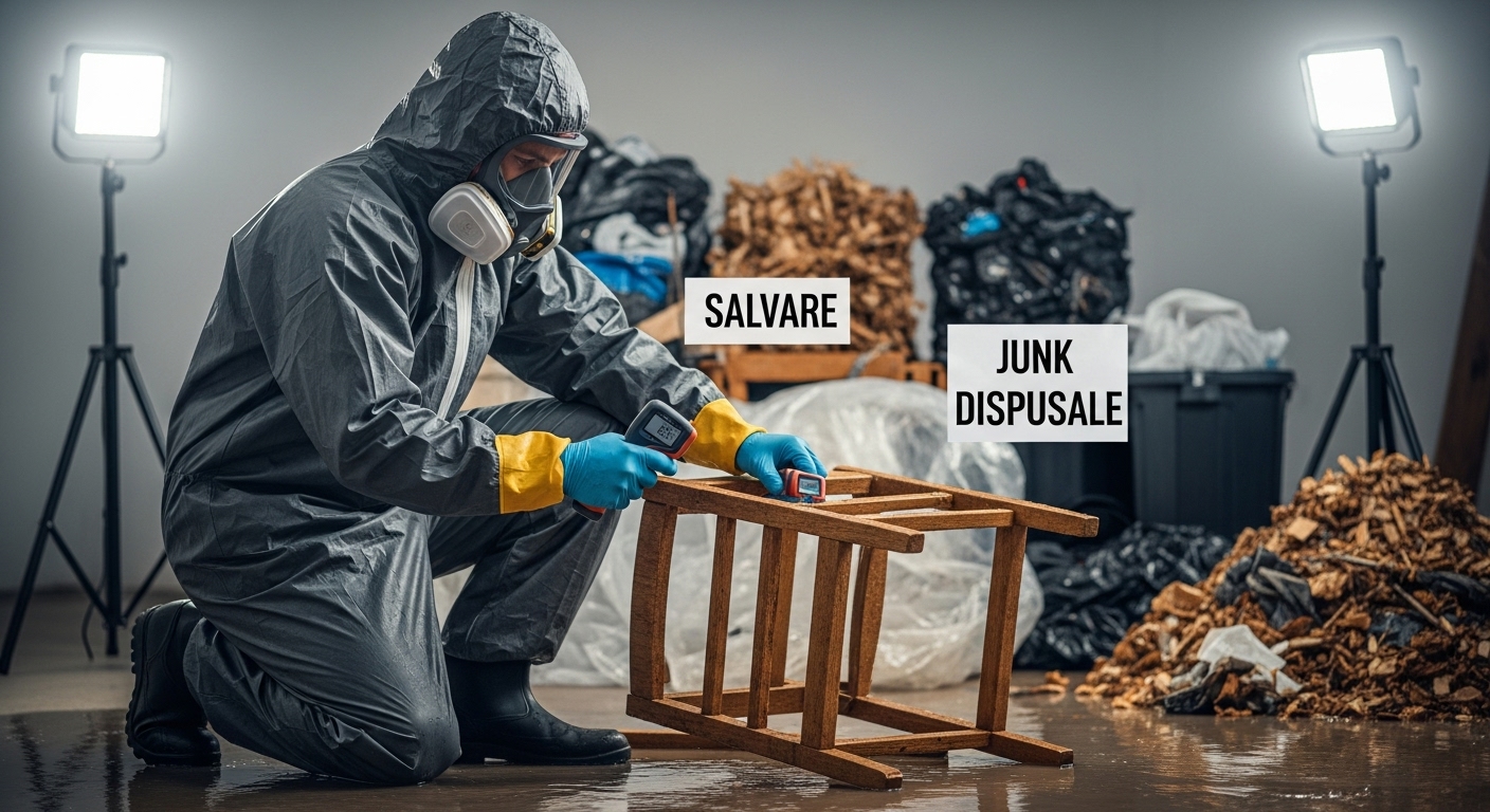 A professional flood cleanup specialist in protective gear working in a damaged basement.