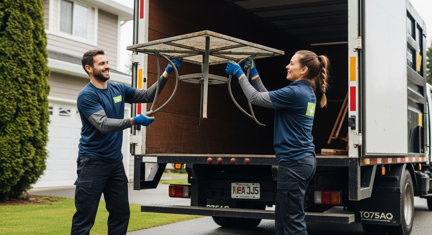 Professional junk removal service hauling away a patio set in Vancouver