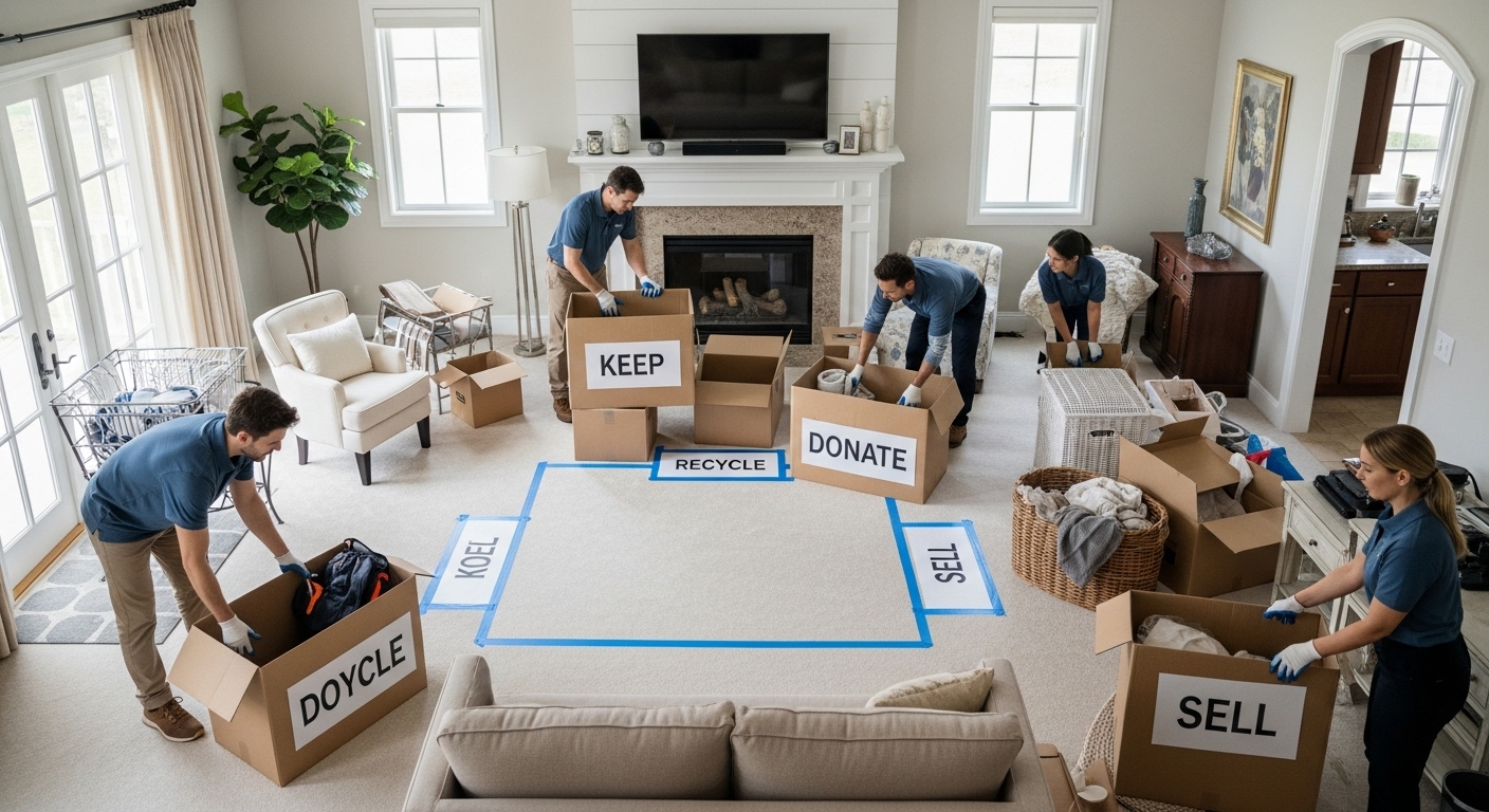 A systematic process of sorting items during an estate cleanout into different bins
