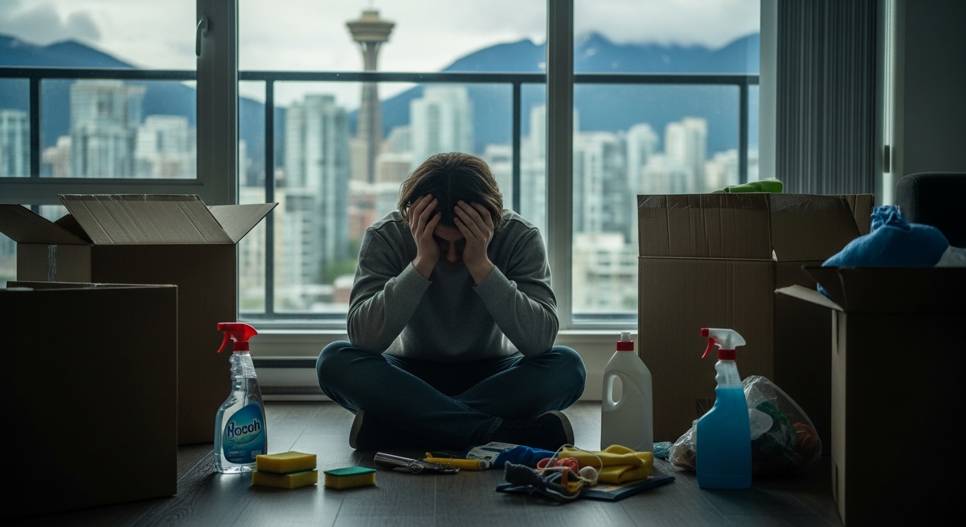 Stressed person surrounded by moving boxes in a Vancouver apartment.