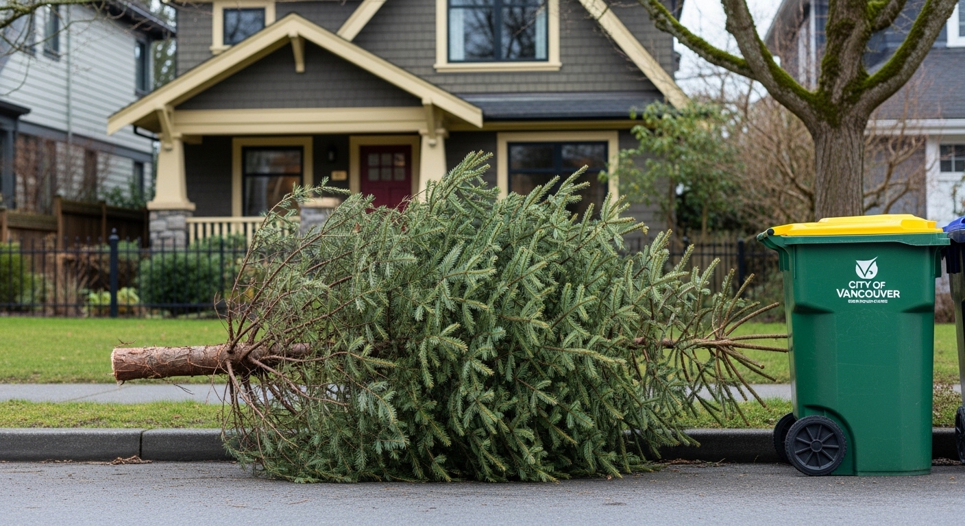 Christmas tree placed on the curb for recycling in a Vancouver neighborhood.