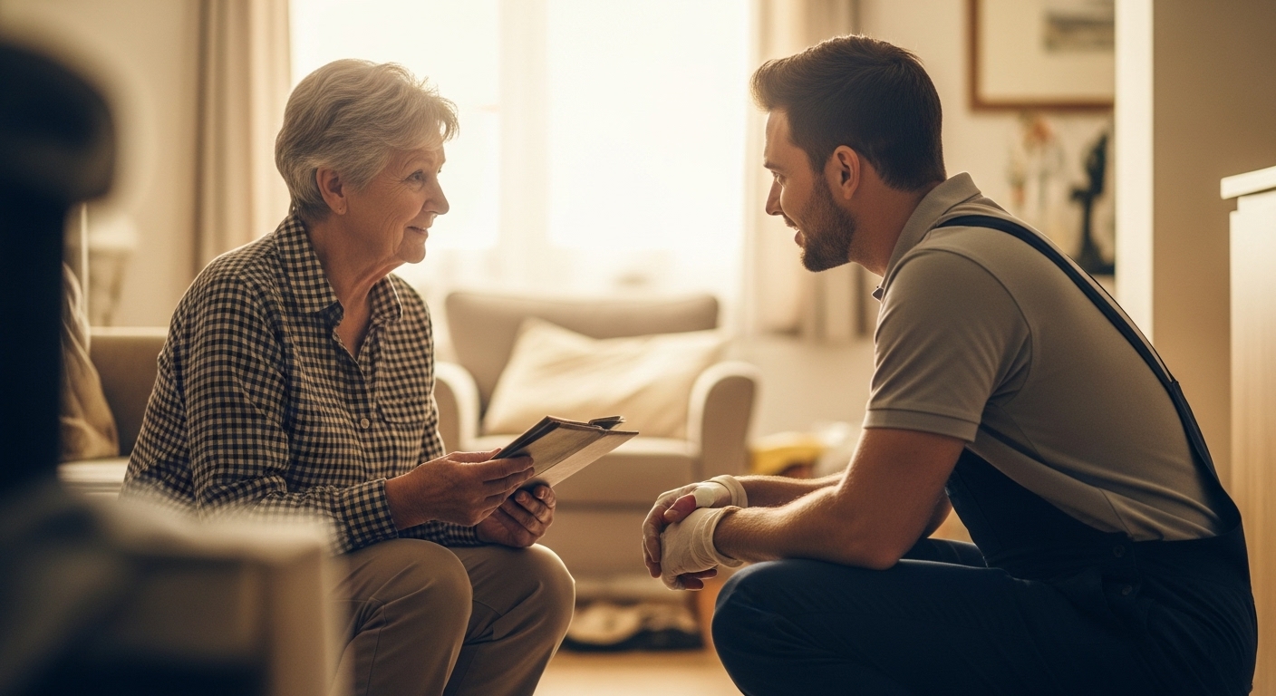 A compassionate hoarding cleanup professional helping a client in their home.