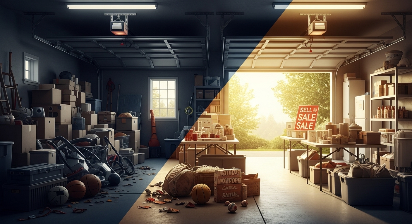 Before and after photo of a cluttered Vancouver garage organized for a sale.