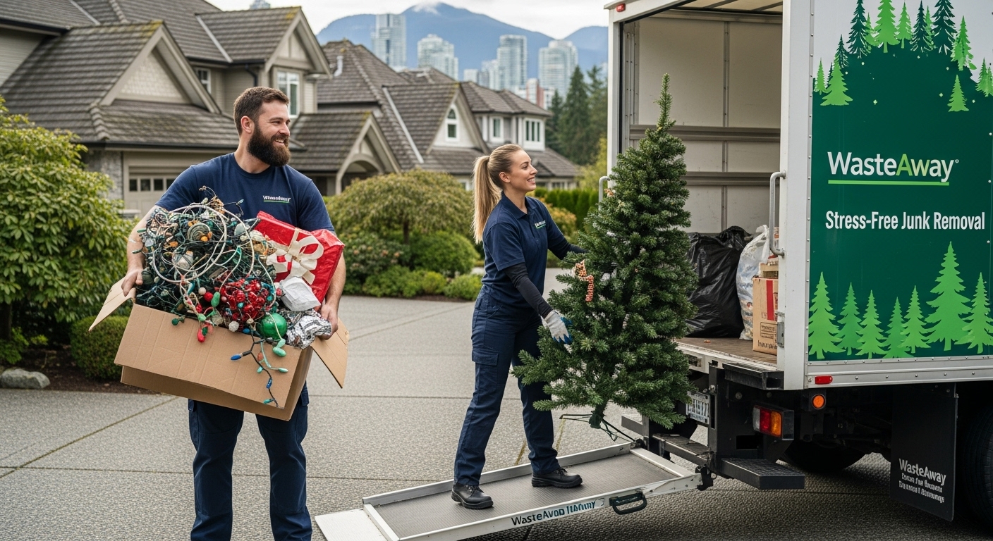Junk removal team loading holiday clutter and an old Christmas tree into their truck.