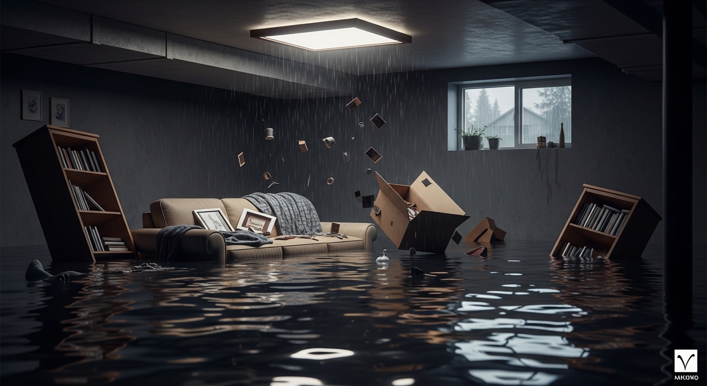 Flooded basement in a Vancouver home showing extensive water damage to furniture and belongings.