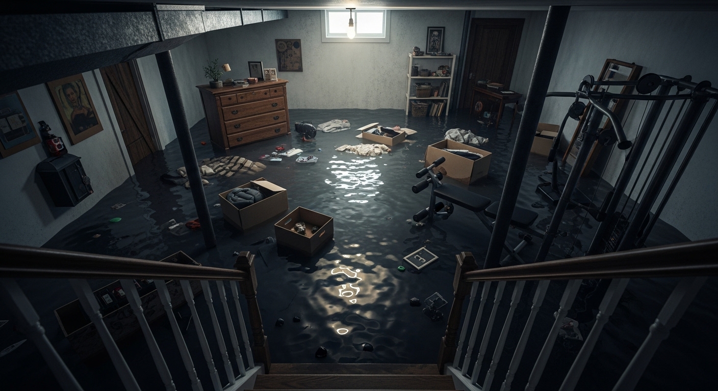 A flooded basement in a Vancouver home with water-damaged items needing junk removal.