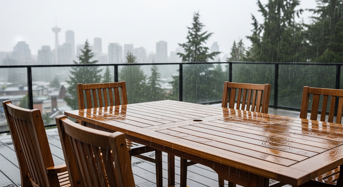 Patio furniture showing signs of winter rain damage in Vancouver