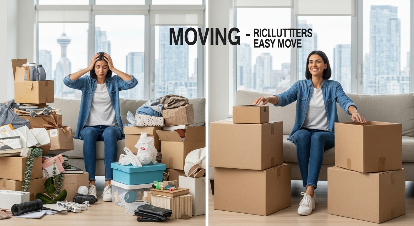 A stack of moving boxes next to a trash can, illustrating how pre-move decluttering in Vancouver saves money.