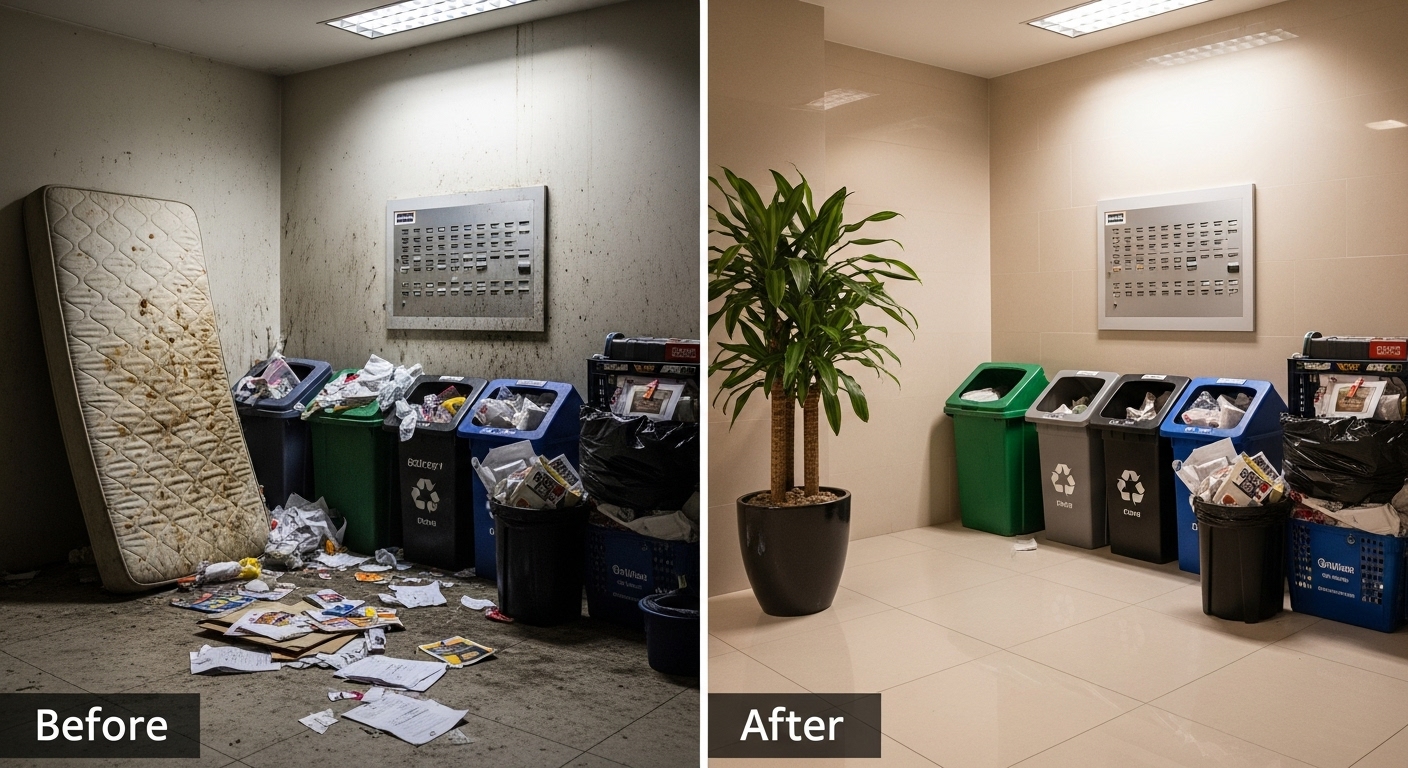 Before and after comparison of an apartment common area after a professional cleanup.