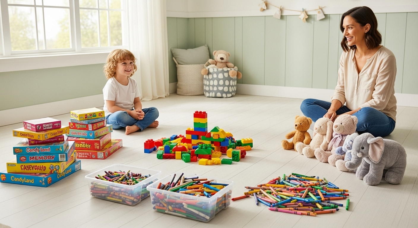 A child's playroom neatly organized with toys sorted into labeled bins on shelves.
