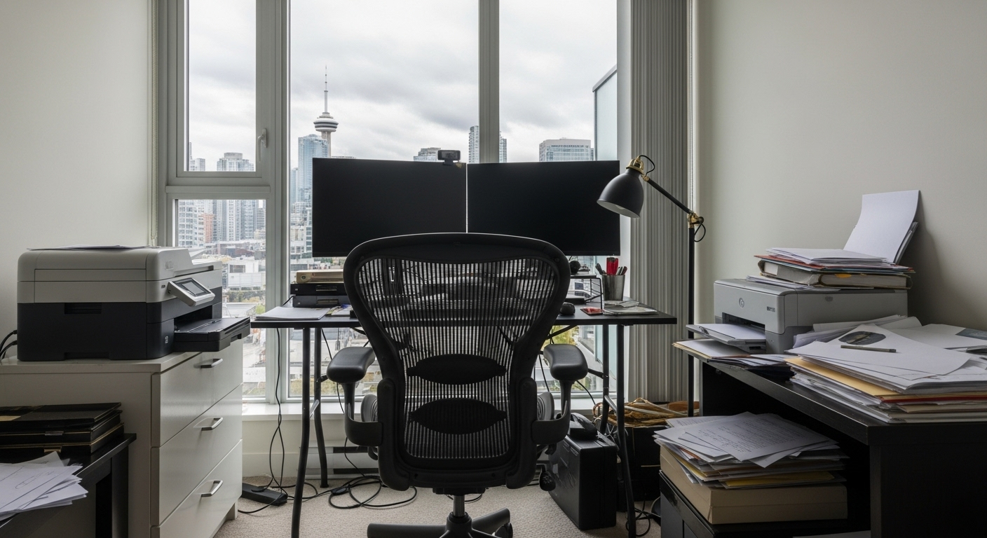 A cluttered home office in Vancouver before a professional cleanout.