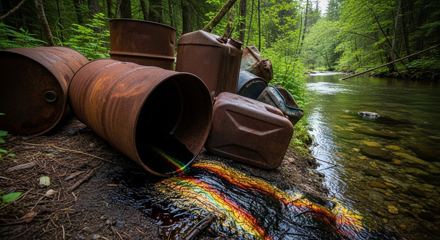 Barrels of hazardous waste illegally dumped near a waterway, posing an environmental risk.