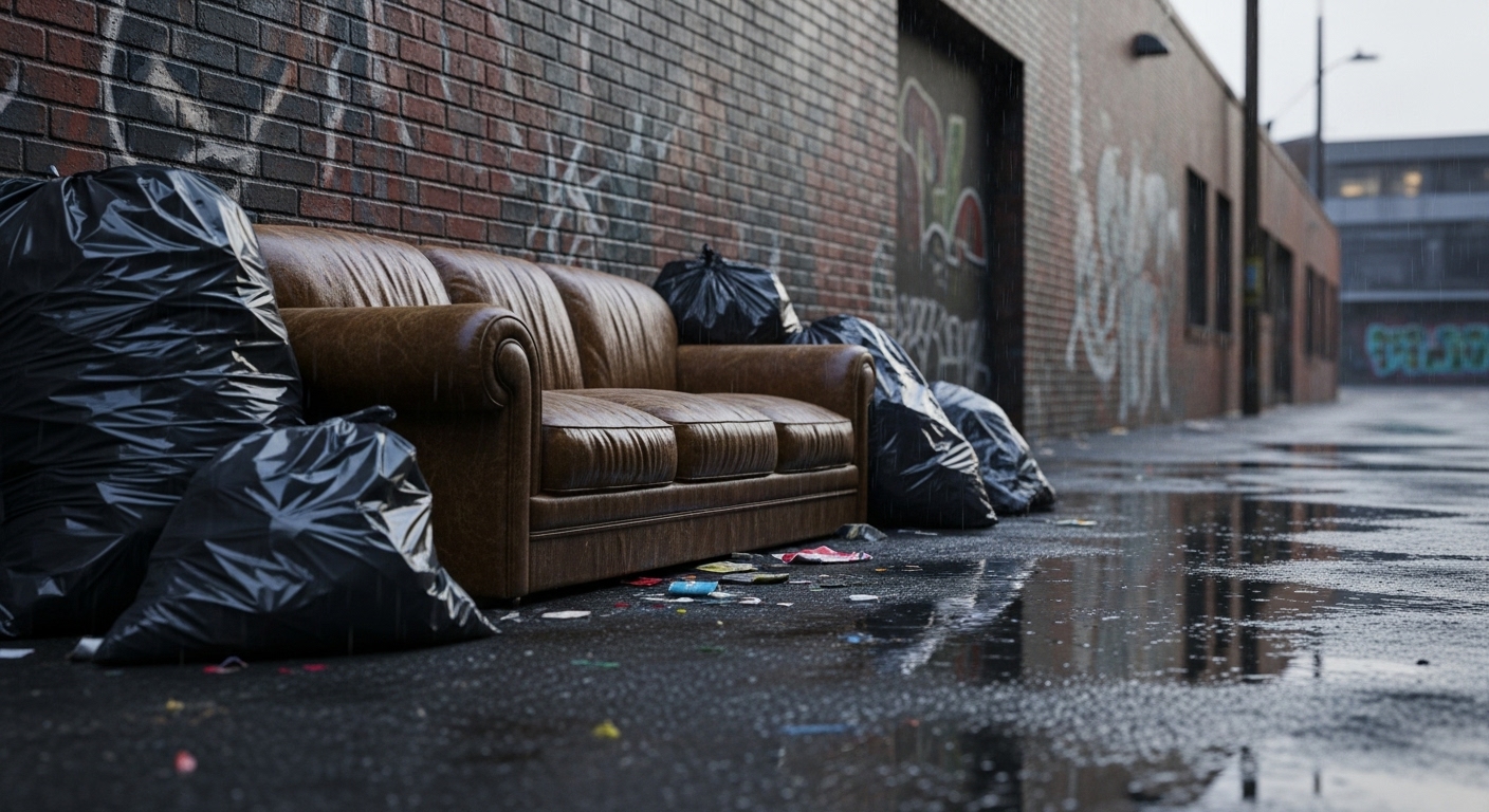 Illegally dumped junk including furniture and bags in a Vancouver alleyway.