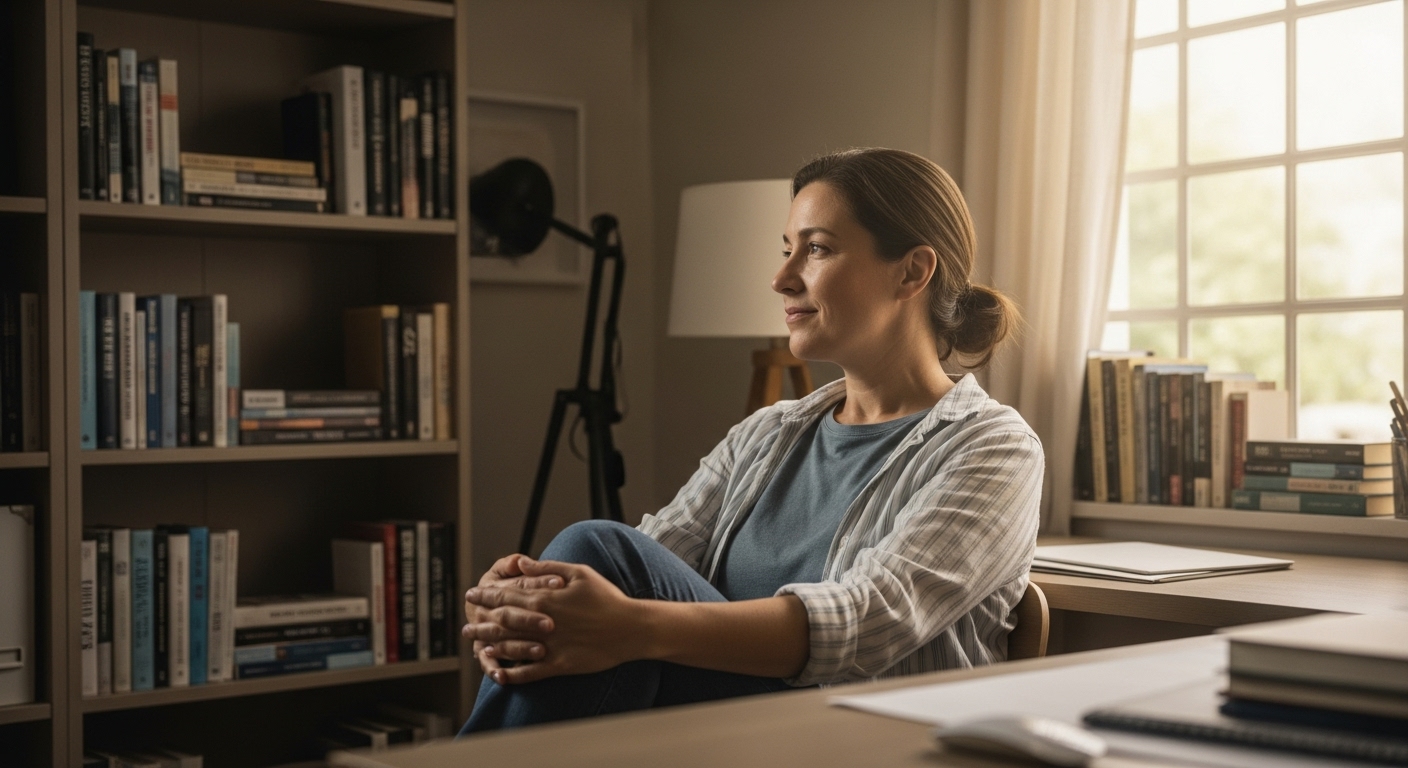 Person looking relieved and happy in a clean, organized room, symbolizing mental clarity from decluttering.
