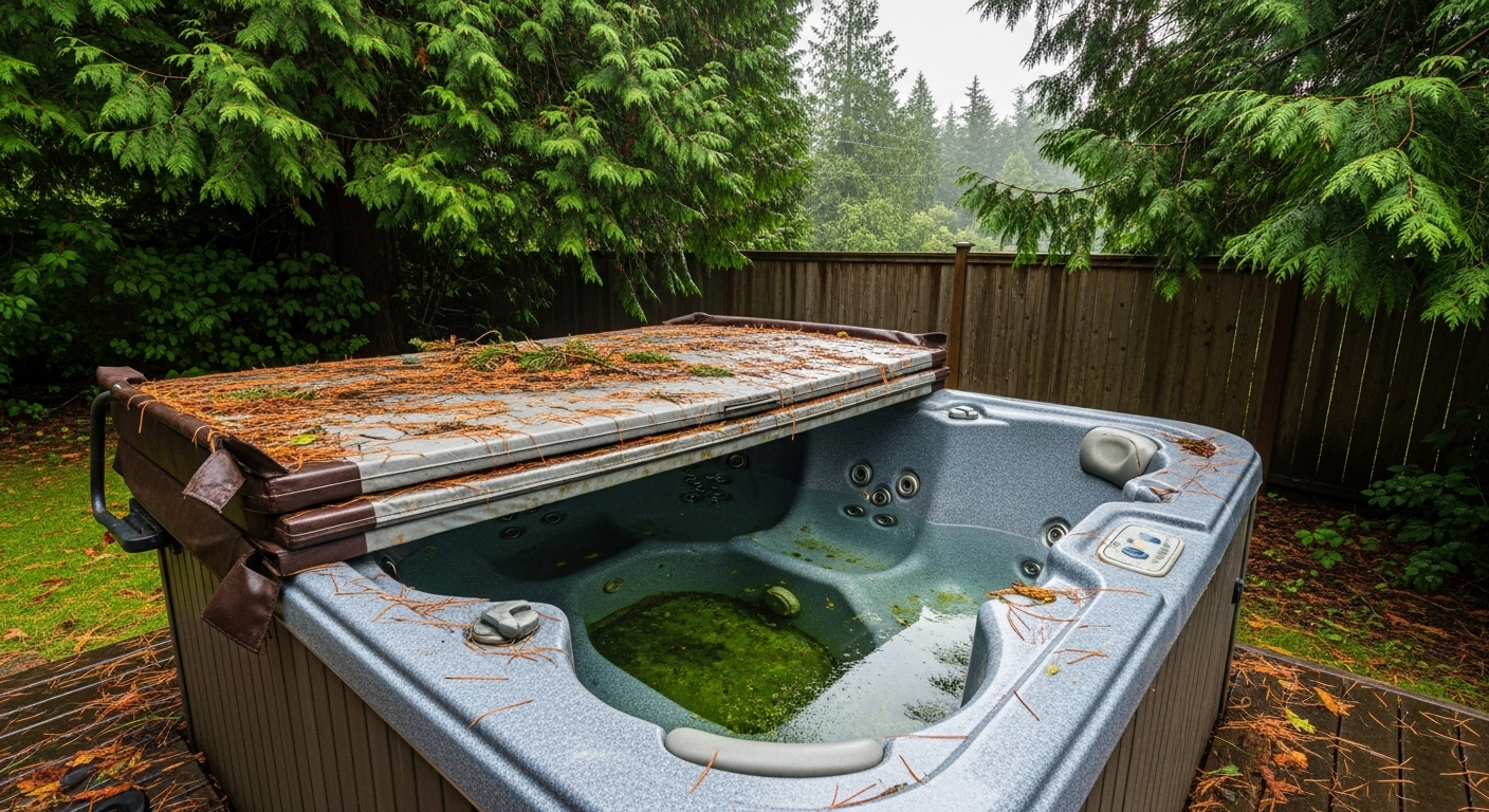 A neglected and broken down backyard hot tub in Vancouver needing removal