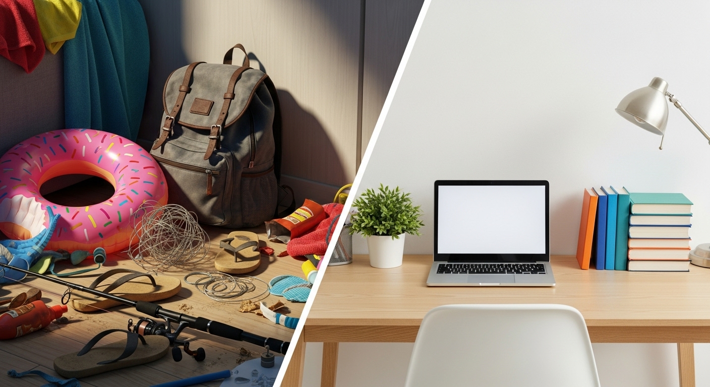 A split image showing a cluttered summer desk versus an organized back-to-school study space.