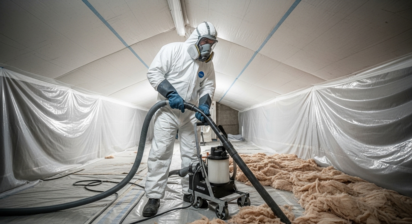 Professional worker in full PPE gear for attic asbestos removal.
