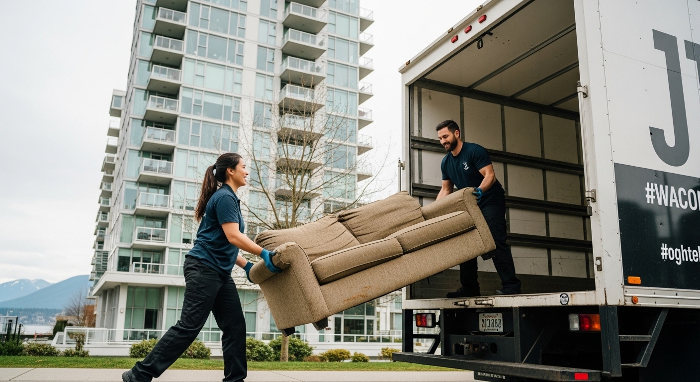 A professional junk removal team working at a Vancouver rental property.