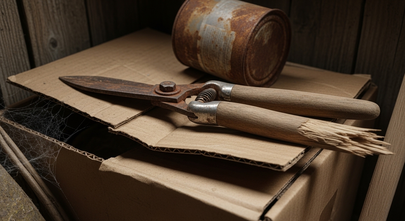 Close-up of rusty tools and moisture-damaged cardboard boxes in a shed.