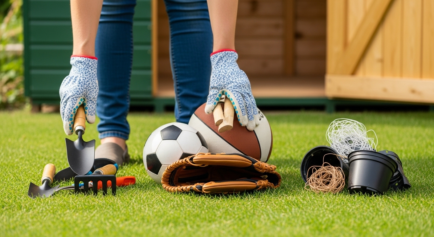 Items from a shed cleanout sorted into piles for keeping, donating, and disposing.
