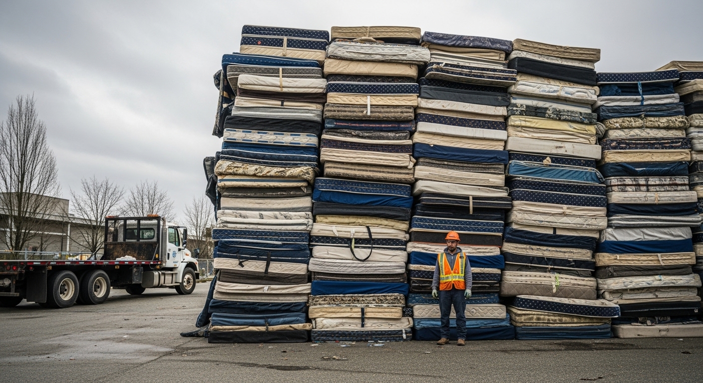 City of Vancouver cleanup crew dealing with a pile of illegally dumped mattresses.