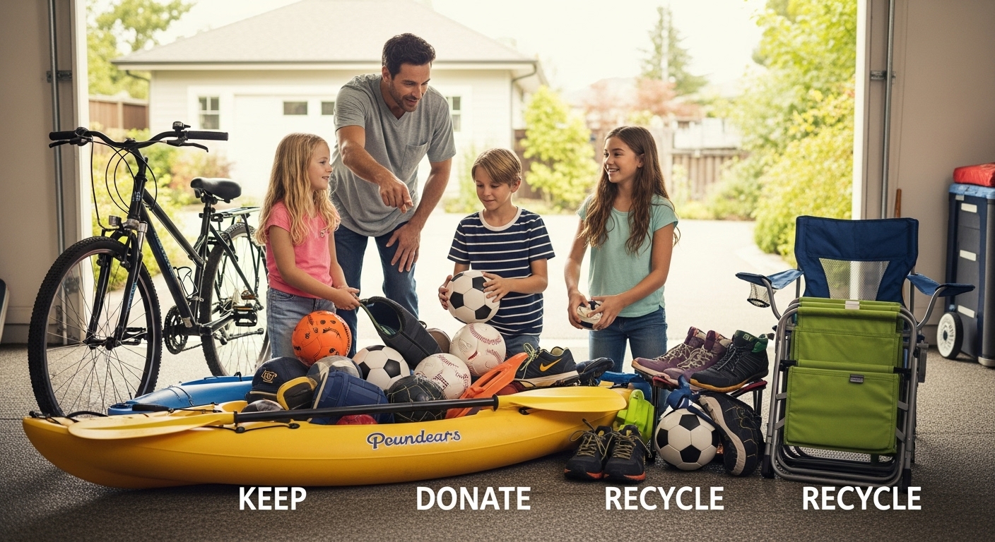 A Vancouver family in their garage sorting through summer sports equipment like balls and rackets.
