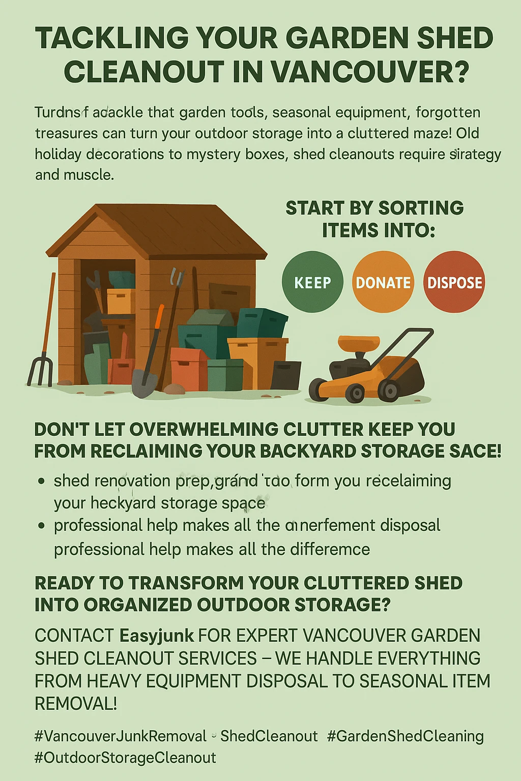Infographic summarizing key takeaways for a Vancouver garden shed cleanout.