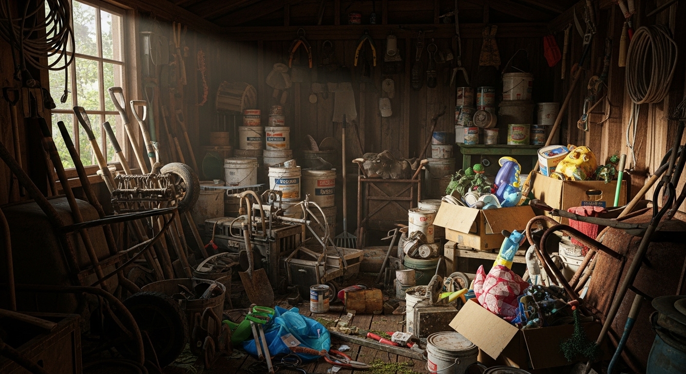 A cluttered Vancouver garden shed viewed from the outside before a cleanout.