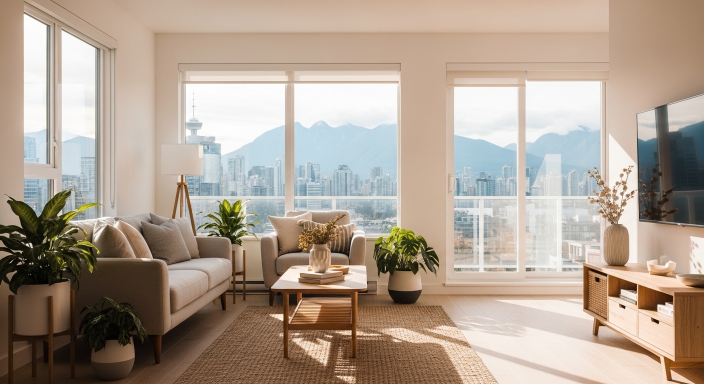 A newly organized and decluttered living room in a Vancouver home, ready for the new year.