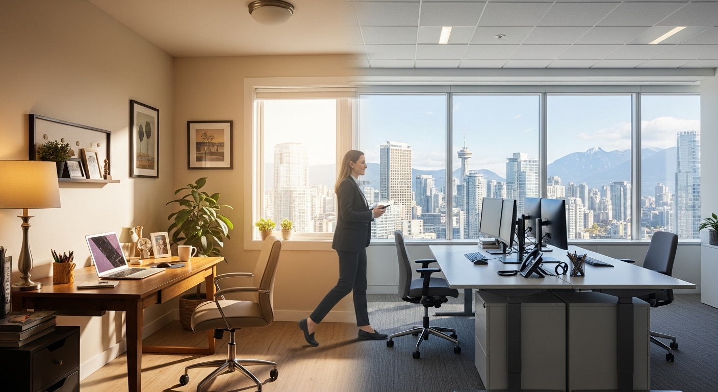 Illustration of the transition to a hybrid work model in Vancouver.