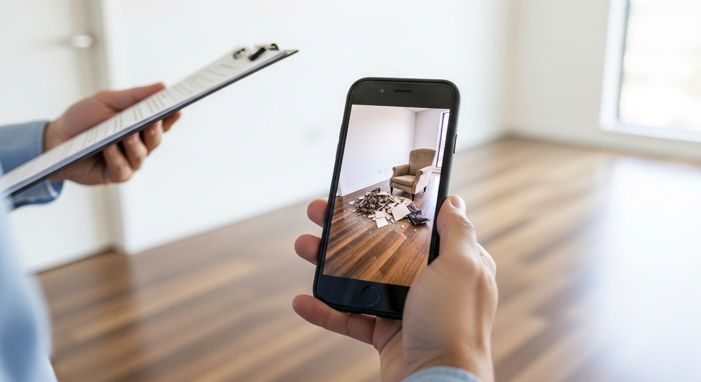 A new homeowner documents leftover items during a pre-closing walkthrough of their new house.