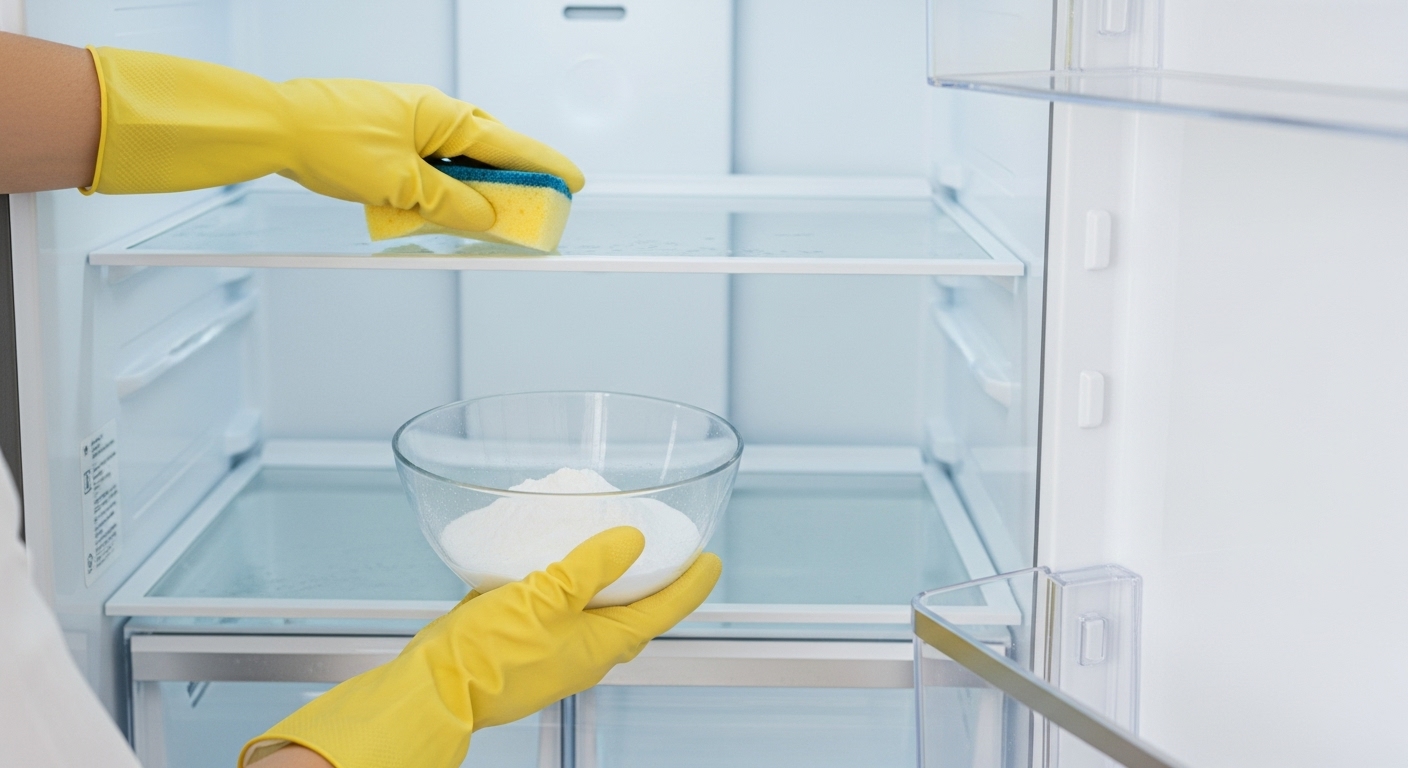 A person thoroughly cleaning an old refrigerator before a trade-in.